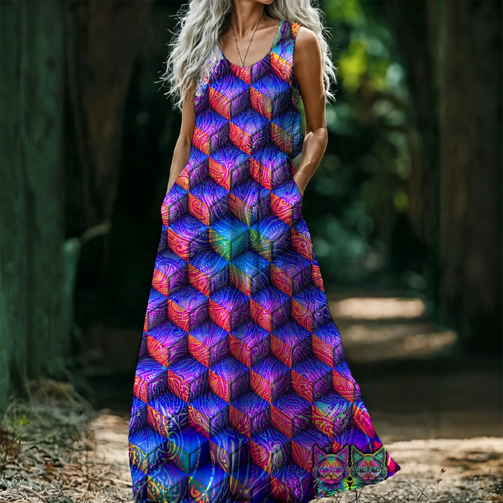 Hand art and 3D Chaos - All-Over Print Women’s Sleeveless Maxi Dress