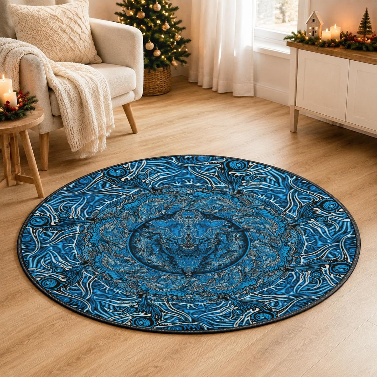 Hand Drawn Pattern Blue Anti-Slip Running Mat
