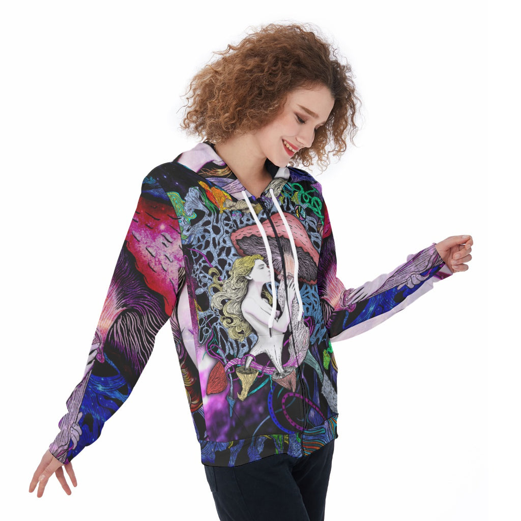 Grove Goddess. Hand Drawn Art on Zip Hoodie. Womans
