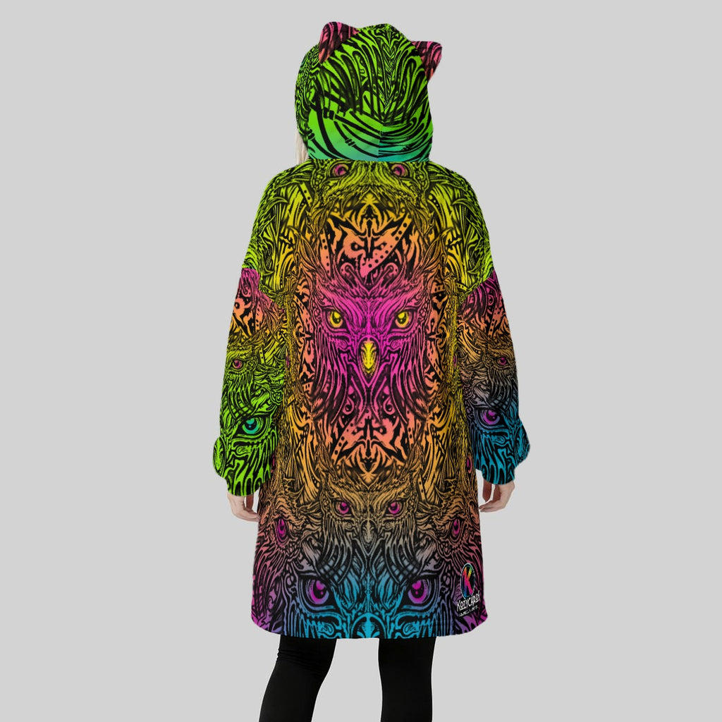 Owlscalation - Hand Drawn Pattern Fleece Oversized Hoodie Blanket With Decorative Ears