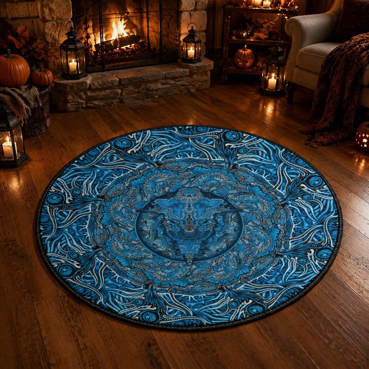 Hand Drawn Pattern Blue Anti-Slip Running Mat