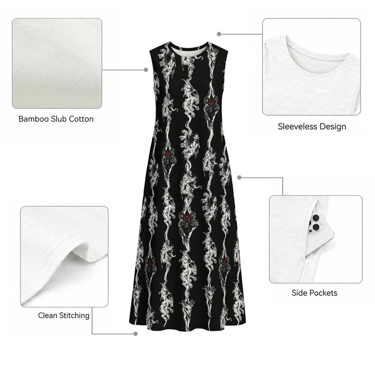 ScreamnDemon Hand Drawn Art - Sleeveless Dress With Pocket|125GSM Slub Cotton