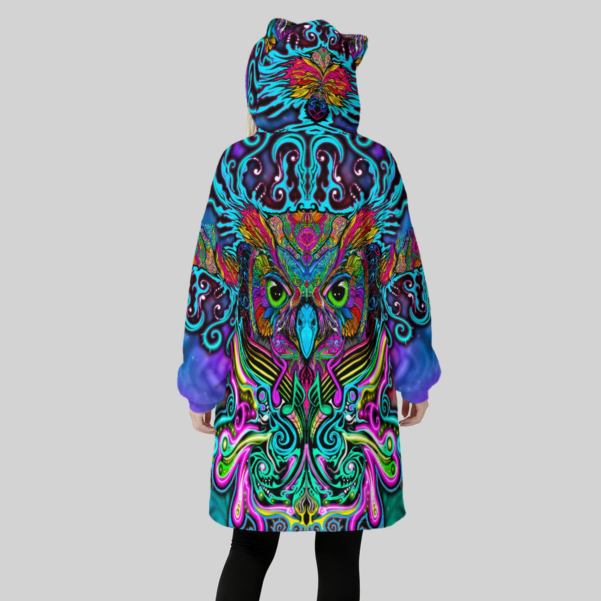 WiseMusic Owl Hand Drawn Art - Fleece Oversized Hoodie Blanket With Decorative Ears