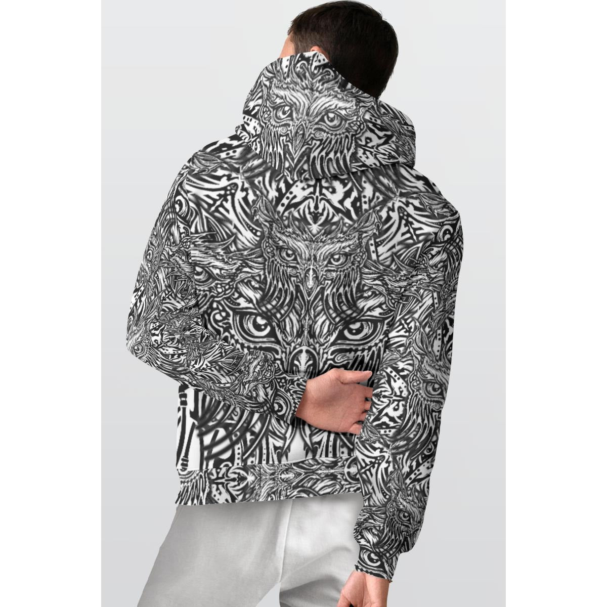 Owlscalation BnW - Hand drawn Pattern Print Men's Thicken Pullover Hoodie