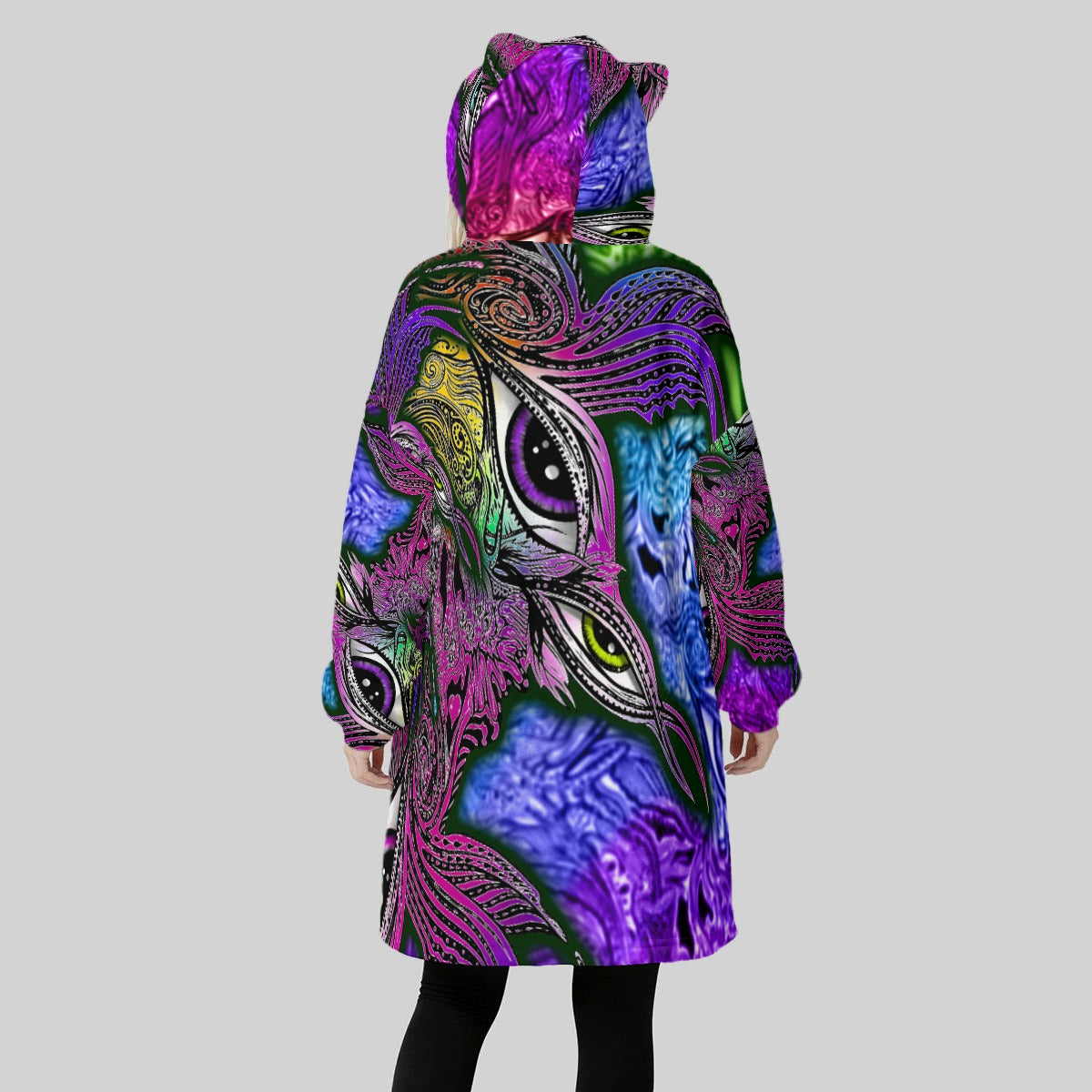 Eyes2Soul Hand Drawn Art - Fleece Oversized Hoodie Blanket With Decorative Ears