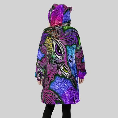 Eyes2Soul Hand Drawn Art - Fleece Oversized Hoodie Blanket With Decorative Ears
